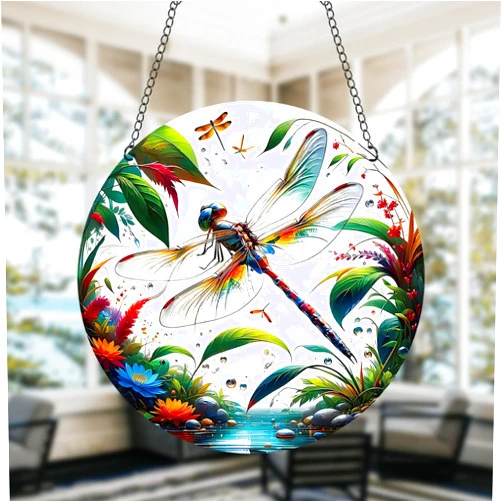 Generic 11.8 Inches Large Dragonfly Acrylic Stained Glass Window Hanging Decor Green Leaves Wall Art Mural Suncatcher for Bedroom Office Garden Wall Decoration Indoor Window Decor Gift for Mom Grandma Teacher
