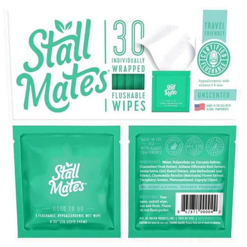 Stall Mates Wipes - Flushable Wipes | Individually Wrapped | Travel Friendly | Unscented with Vitamin-E & Aloe | (30 on-the-go singles)