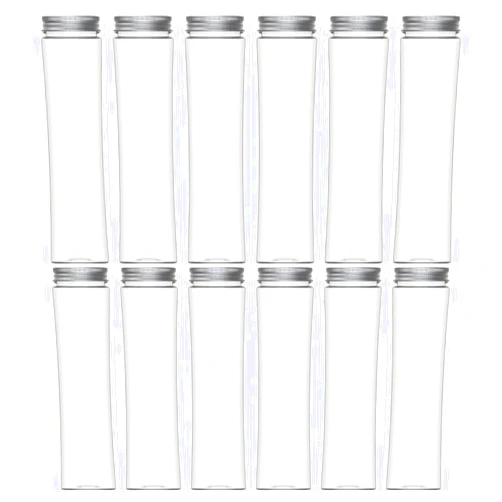 HoleviFO 12.5oz Clear Empty Wide Mouth Plastic Sensory Bottles with Silver Screw Lids and Labels (Silver lid, aluminum)