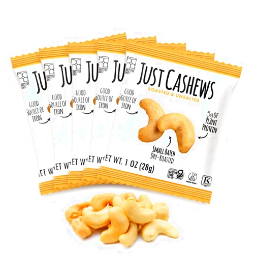 Roastery Coast - Just Cashews Unsalted | Individually wrapped snack (1 Oz each) | Whole Unsalted Cashews | Non-GMO, Gluten Free, Kosher | Cashew Nuts | Gourmet Snack | 48 Packs