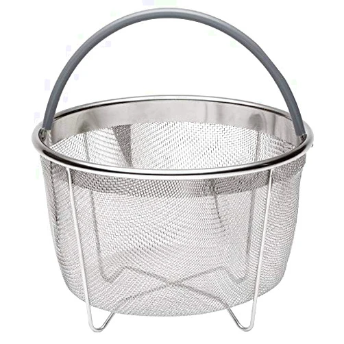 The Garnish Gripper 717 Industries Steamer Basket, Stainless Steel Mesh Strainer Compatible with Instant Pot and Other Pressure Cookers, Fits 6 & 8 Quart Pots (Grey Silicone Handle)