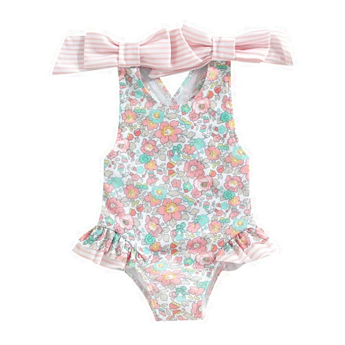 Yccutest Toddler Girls Strap One Piece Swimsuit Floral Sleeveless Backless Bathing Suit Ruffles Bowknot Swimwear Summer Beach Wear