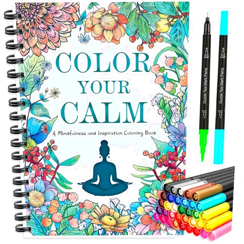 Jekohor Adult Coloring Book for Women with 36 Dual-Tip Markers, 30 Patterns Spiral Bound Coloring Books for Adults Relaxation, Anxiety Relief Mindfulness Relaxation Gifts for Women