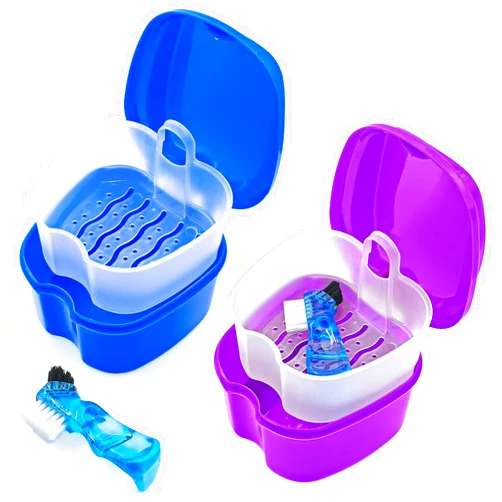 Keedolla 2 Pack Denture Bath Case Dental False Teeth Holder with Brush, Retainer Cleaning Case Denture Bath Cup Storage False Teeth Travel Case with Strainer - Purple and Dark Blue