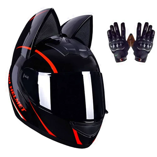 ESRADA Personalized Motorcycle Cat Ears Helmet, Adult Modular Full Face Motorcycle Helmet, Cool Men Women Street Electric Scooter Motocross Helmet, All Season Locomotive Helmet, DOT Certified