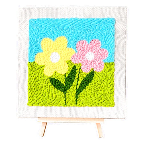 Allazone Punch Needle Starter Kit, Punch Needle Embroidery Kit Frame, Square Punch Needle Fabric with Flower Pattern, Hoop, Yarns, Punch Needle (Yellow and Pink Flowers)