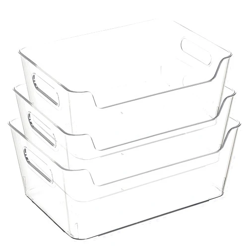 DAOTS 3 Pack Clear Storage Bins, Plastic Organizers Container Box with Handles, Large Medium Small 3 Sizes Stackable Plastic Storage Container for Fridge Bins Kitchen Sink Freezer Pantry Shelves Drawer