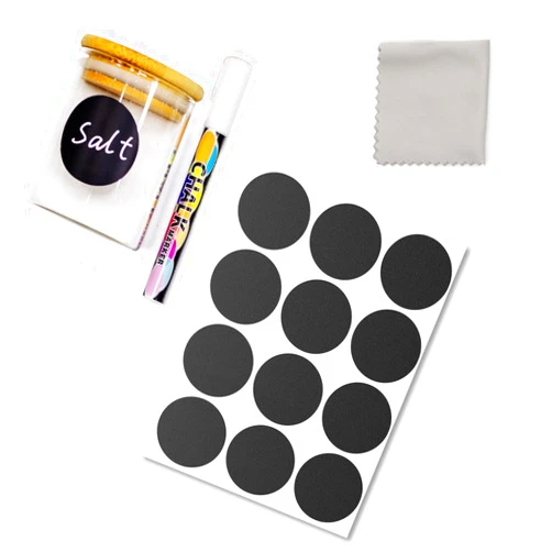 Soiwell Food or Spice Label for Bottles in Kitchen or Pantry- Round Vinyl Black Labels for Food containers, Mason Jars, Storage Bins,Reusable Waterproof Removable Stickers,120 Chalkboard Labels Free Chalk Pen