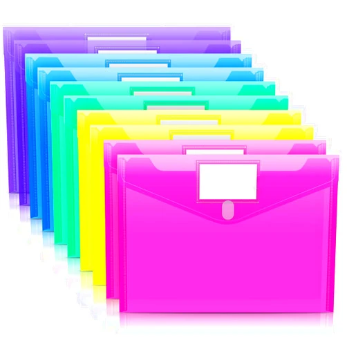 Sooez 10 Pack Plastic Envelopes Poly Envelopes, Clear Document Folders File Folders US Letter A4 Size File Envelopes with Label Pocket, Assorted Color