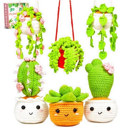 MAGIMUSE Crochet Kit for Beginners, Crochet Starter Kits for Adults Amigurumi Craft Knitting Crochet Kits with Step-by-Step Video Tutorials, 6 Pack Hanging Potted Plants Family(40%+ Yarn