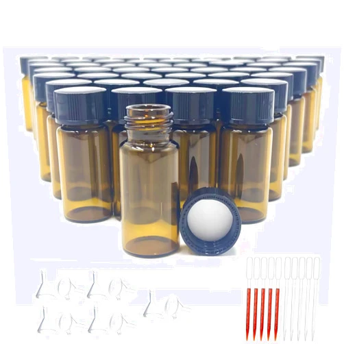 Bogandou 50 Pack 5ml Amber Glass Bottle with Screw Caps, Mini Empty Refillable Bottles with 10 Pcs Plastic dropper and 10 Pcs Funnel, Liquid Travel Storage Bottles for Perfume, Lotions