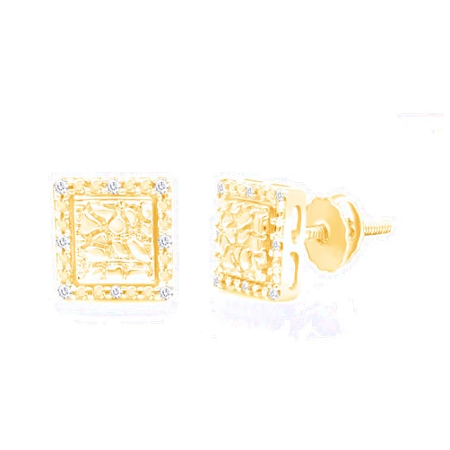 Affy Round Natural White Diamond, Moissanite And Lab Grown Diamond Square Shape Nugget Men's Stud Earring in 10k Solid Gold (0.05 cttw) Screw Back Earrings