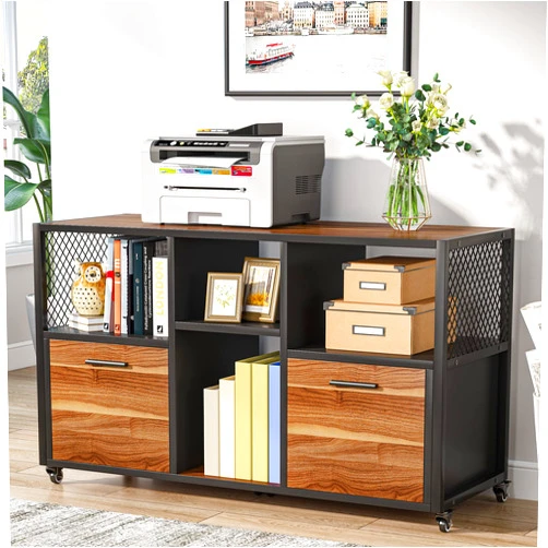 Tribesigns 2 Drawer Wood File Cabinets, Modern Mobile Lateral Filing Cabinet for Letter/ A4 Size, Printer Stand with Open Storage Shelves and Drawer for Home Office, Rustic Walnut