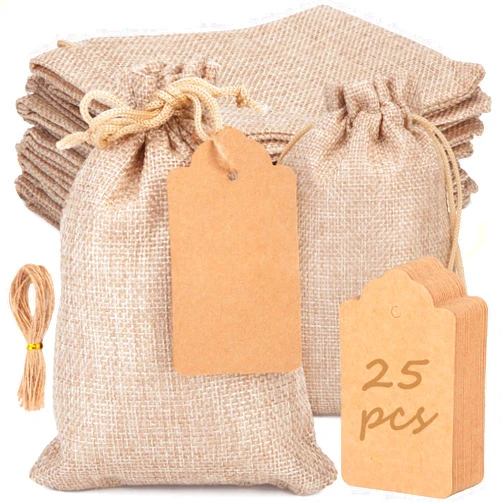 SallyFashion 25PCS 4x6 Inch Burlap Gift Bags and 25Pcs Gift Tags With Drawstring, Linen Sack Bags Jewelry Pouches for Christmas Wedding Party Favors DIY Crafts