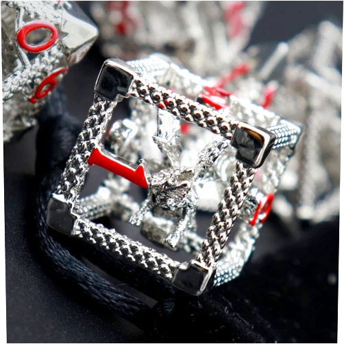Haxtec Hollow Metal DND Dice Set 7PCs Flying Dragon Silver Red D&D Dice Set with Leather Dice Bag for Dungeons and Dragons TTRPG Gift