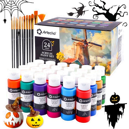 Artecho Acrylic Paint Set 24 Colors 2oz/59ml with 12 Brushes, Art Craft Paints Kit, Paint for Canvas, Rocks, Wood, Fabric, Ceramic and Art Supplies, Non Toxic Paint for Artists and Beginners