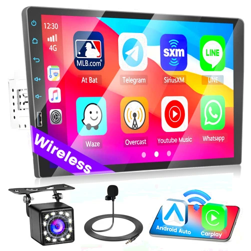 Hikity 9 Inch Single Din Wireless Carplay Radio with Bluetooth, Touchscreen Wireless Android Auto Car Stereo with Mirror Link FM Radio Backup Camera Microphone