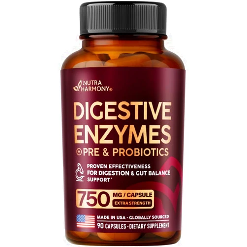 NUTRAHARMONY Digestive Enzymes for Women - Multi Digestive Enzymes | Papaya | Bromelain | Probiotic & Prebiotics - Gut & Digestion Support, Bloating Relief - Vegan, Lab Tested - Made in USA - 90 Capsules, One/Day