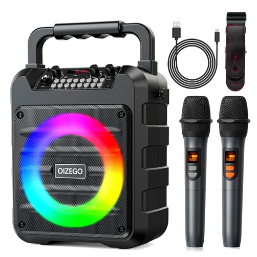 OIZEGO Karaoke Machine - Portable Bluetooth Speaker with 2 Wireless Microphones for Adults & Kids with Lights, PA System Speaker Supports TF Card/USB, AUX in, REC, Bass & Treble for Party/Meeting