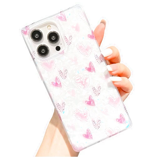 KERZZIL Elegent Girly Pearl Texture Compatible with iPhone 15 Pro Rectangle Edge Case, Cute Love Hearts Pattern Slim Soft TPU Protective Bumper Cases Cover(Pink,15 Pro)