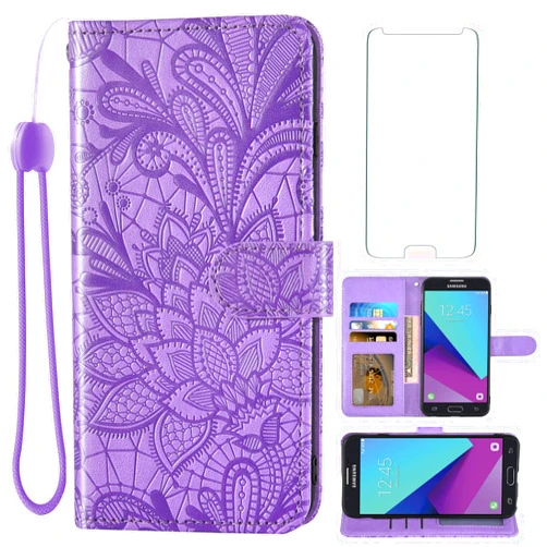 Asuwish Phone Case for Samsung Galaxy J7 Prime 2017 J 7 Skypro Sky Pro J7V V S727VL with Tempered Glass Screen Protector Cover and Card Holder Lace Wallet Glaxay Halo 7J Perx J7prime Women Men Purple