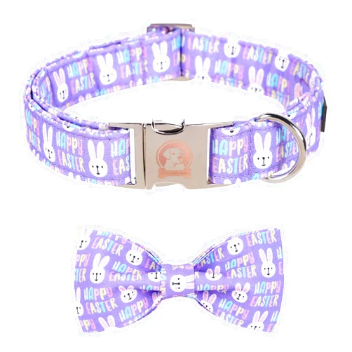 MR.CHUBBYFACE MR. CHUBBYFACE Easter Dog Collar Purple Rabbit Dog Collar with Flower Adjustable Dog Collar Bowtie for Small Medium Large Dogs