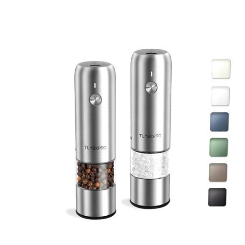 TLYSXPRO Small Electric Salt and Pepper Grinder Set, USB Rechargeable, Automatic Pepper Mill Grinder with Adjustable Coarseness, Electric Salt Shakers, One Hand Operation for Kitchen (2 Packs, Stainless Steel)