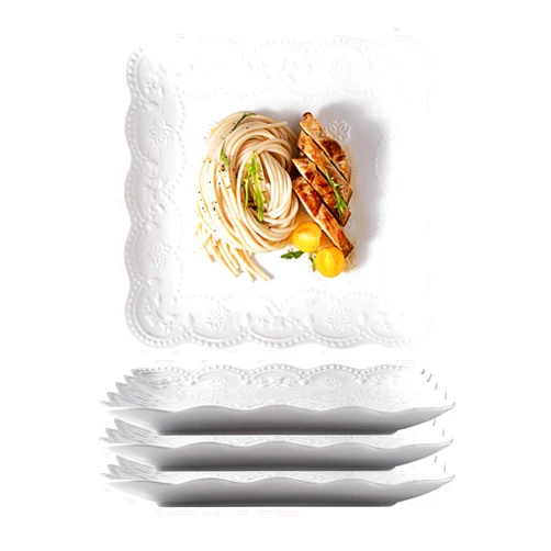 CLAY TONIC Claytonic Set of 4-Embossed Lace Square White Porcelain Plate-Dinner Plate Set, Serving Plates for Pasta, Salad, Steak Dinner, For Restaurant Family Party Kitchen Use (White, 8 Inches)