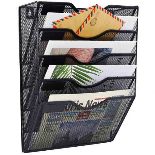 COSYAWN Wall File Holder 5 Pocket Mesh Hanging Wall Organizer Vertical Hanging File Folder Holder Magazine Rack with Nametag Label for Mail Paper Organization,Black