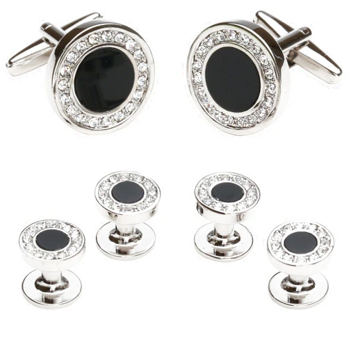 Cuff-Daddy Black Onyx and Crystal Silver Cufflinks and Studs Formal Set with Travel Presentation Gift Box - 5/8
