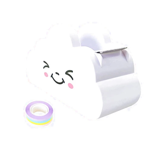 Hibucuo Tape Dispenser Cute, Hibucuo Creative Cloud Decorative Cartoon Tape Cutter with one Roll Rainbow Tape for Children School Office Stationery Supplies White
