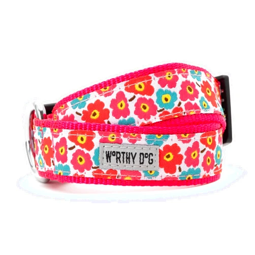THE WORTHY DOG Collar for Medium Dogs, Adjusts 12-18 inches, Durable Nylon Webbing, Quick Release Buckle, Fleurs Pattern, Pink, Medium