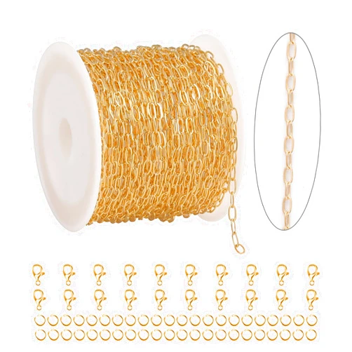 KYUNHOO 32.8FT/10M Thin Jewelry Chains for Making Jewelry Small Paperclip Chain Spool on Roll KC Gold Filled Iron Chains for Craft Making with Lobster Clasps and Jump Rings