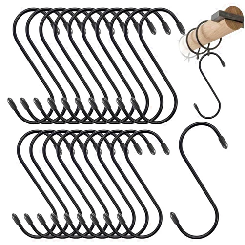 PENGBGOOL 4.3 Inch S Hooks, Plant Hooks, S Hooks for Hanging, 20 Pack Black Heavy Duty S Hooks, Ornament Hooks, Curtain Hooks, Wardrobe Closet S Hooks for Plants, Cups, Pan, Towels, Jeans