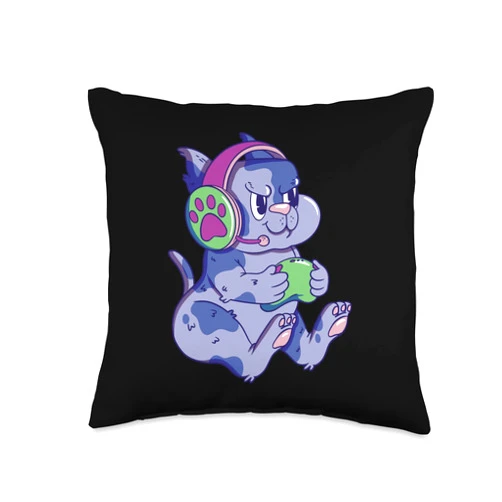 Gamer PC, Gaming Geschenke, lustige Sprüche Cat Playing Computer Art Graphic for Men Women Children Throw Pillow, 16x16, Multicolor