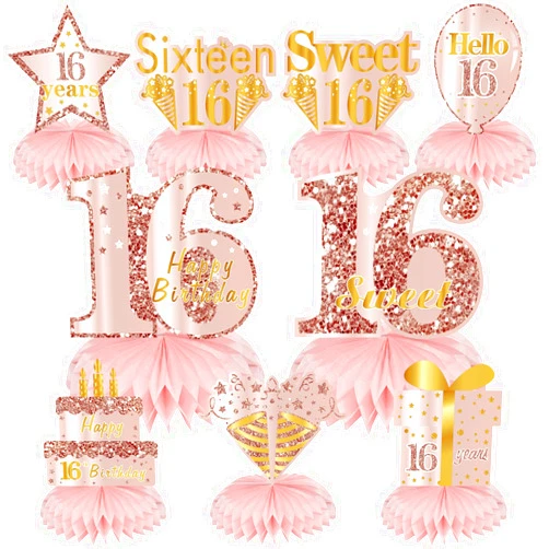 Turypaty Sweet 16 Birthday Honeycomb Centerpieces Decorations for Girls, 9Pcs Pink Rose Gold 16th Birthday Table Centerpieces Party Supplies, Sixteen Year Old Birthday Table Toppers Decor