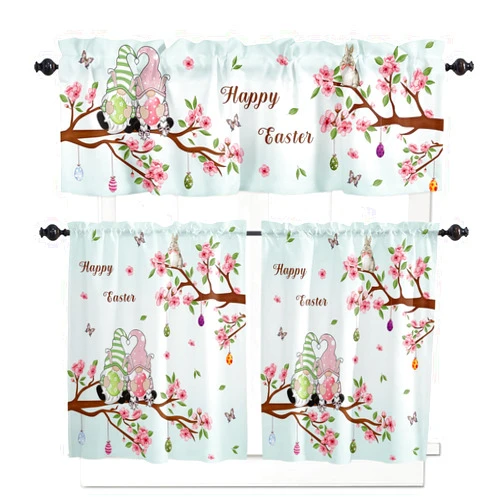 Homechoid Gnomes Floral Curtain Valance and Tier Curtains Set, Spring Easter Egg Rabbit Butter-Fly Farmhouse Kitchen Curtain 3 Piece Set Rod Pocket Short/Half/Small Window Curtain Drapes 27.5''x24''x2 Panels