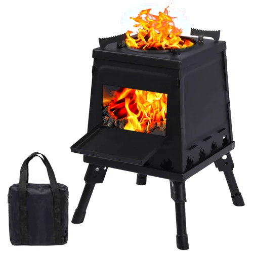 Lineslife Wood Burning Camp Stove, Portable Cast Iron Camping Wood Stove, Black Woodstove with Carrying Case for Backpacking Outdoor Cooking, Small