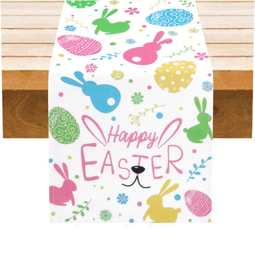 SHACOS Easter Table Runner 13x27 inches Egg Bunny Flower Rabbits Colorful Seasonal Burlap Table Runner Waterproof Spring Kitchen Dining Table Decoration Indoor Outdoor Home Party Decor