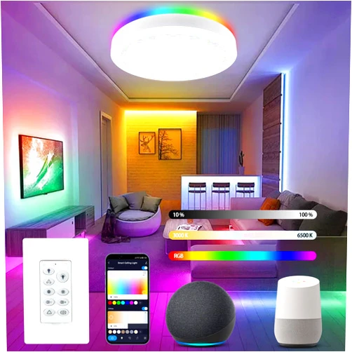 GREENBELL Dimmable RGB LED Flush Mount Ceiling Light Fixture with Remote Control, Compatible with Alexa, 12Inch 3000K-6500K Adjustable, Color Changing Light, LED Ceiling Light for Bedroom, Kid Room Party