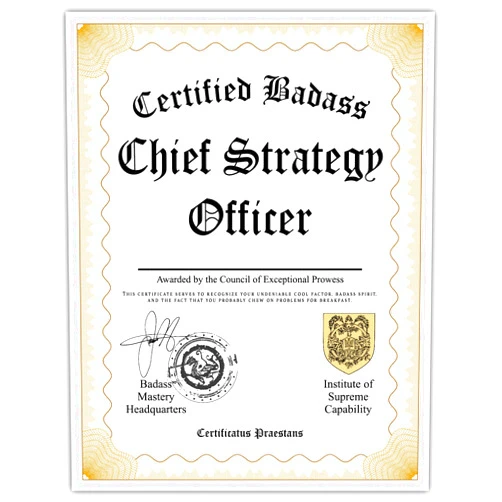 STICKER FRENZY Certified Badass Chief Strategy Officer Diploma| Funny Personalized Career Gag Gift Idea Novelty Award Certificate