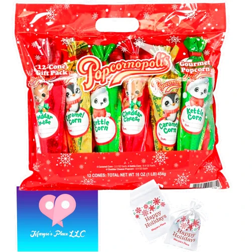 Maryse's Place Popcornopolis Popcorn - 12-Cone Christmas Gift Pack 16 oz. Excellent as Stocking Stuffers and Hang From The Christmas Tree. Perfect Party Favors Including Kettle Popcorn, Caramel Popcorn . Packaged