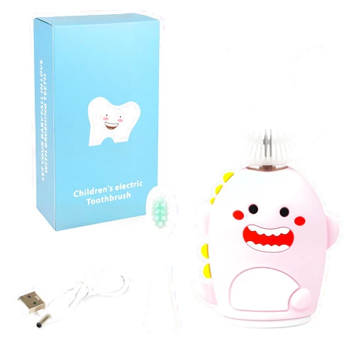 Renaelelife Kids Sonic Electric Toothbrush U Shaped Automatic Timer IPX7 Waterproof 5 Modes 360° Oral Cleaning Teeth Whitening Gums Massage Replaceable Soft Cartoon for 7-15 (Pink Dinosaur)