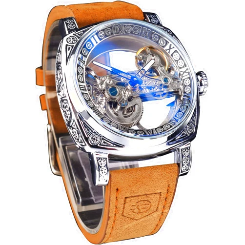 FORSINING Men's Luxury Square Carving Mechanical Watch, Retro Totem Double Sided Hollow Skeleton Self-Wind Automatic Watches, Vintage Leather Strap Wristwatch