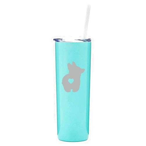 MIP Brand 20 oz Skinny Tall Tumbler Stainless Steel Vacuum Insulated Travel Mug With Straw Corgi Butt (Light Blue)
