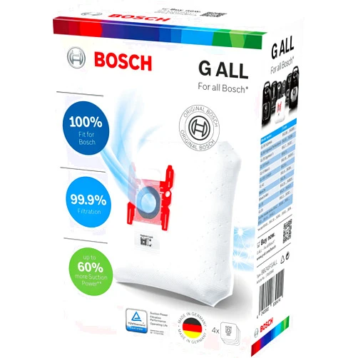 Bosch 4x Vacuum Cleaner Bags PowerProtect Type G ALL BBZ41FGALL, 99.9% Fine Dust Filtering, 50% Longer Service Life, Suitable for All Current Series Except BSG8, BSN1