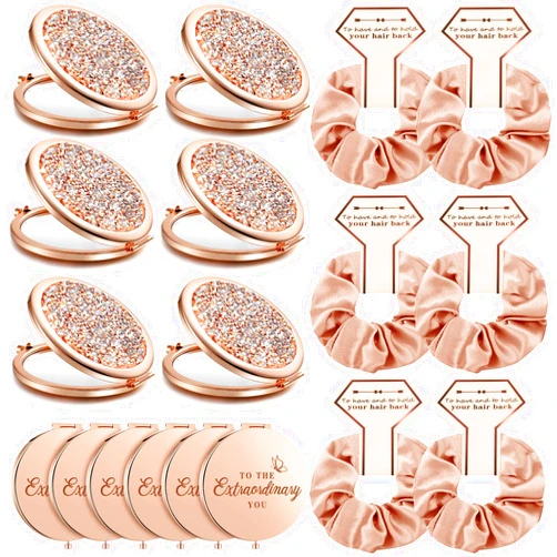 Chunful 6 Sets Bridesmaid Gifts for Women Include Rose Gold Compact Makeup Mirror with Satin Hair Ties Scrunchies Rhinestone Pocket Mirror for Bridal Shower Favors Bachelorette Party Gifts