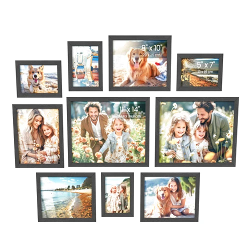 SONGMICS Picture Frames, Collage Picture Frames Set of 10, Two 11x14, Four 8x10, Four 5x7, Photo Frame for Wall Gallery Decor, Table Display, Glass, Ink Black