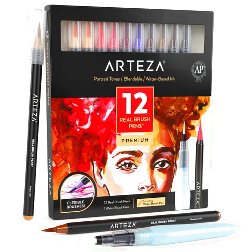 ARTEZA 12 Watercolor Pens for Artists, Portrait Tones Real Brush Pens, Blendable Watercolor Markers for Adults