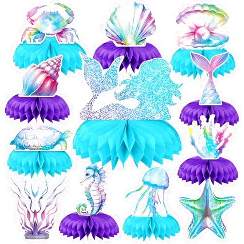 KOOY 12Pcs Mermaid Birthday Decorations Honeycomb Centerpieces, Under The Sea Party Decorations, Ocean Themed Party Decorations For Table, Mermaid Baby Shower Decorations Party Supplies